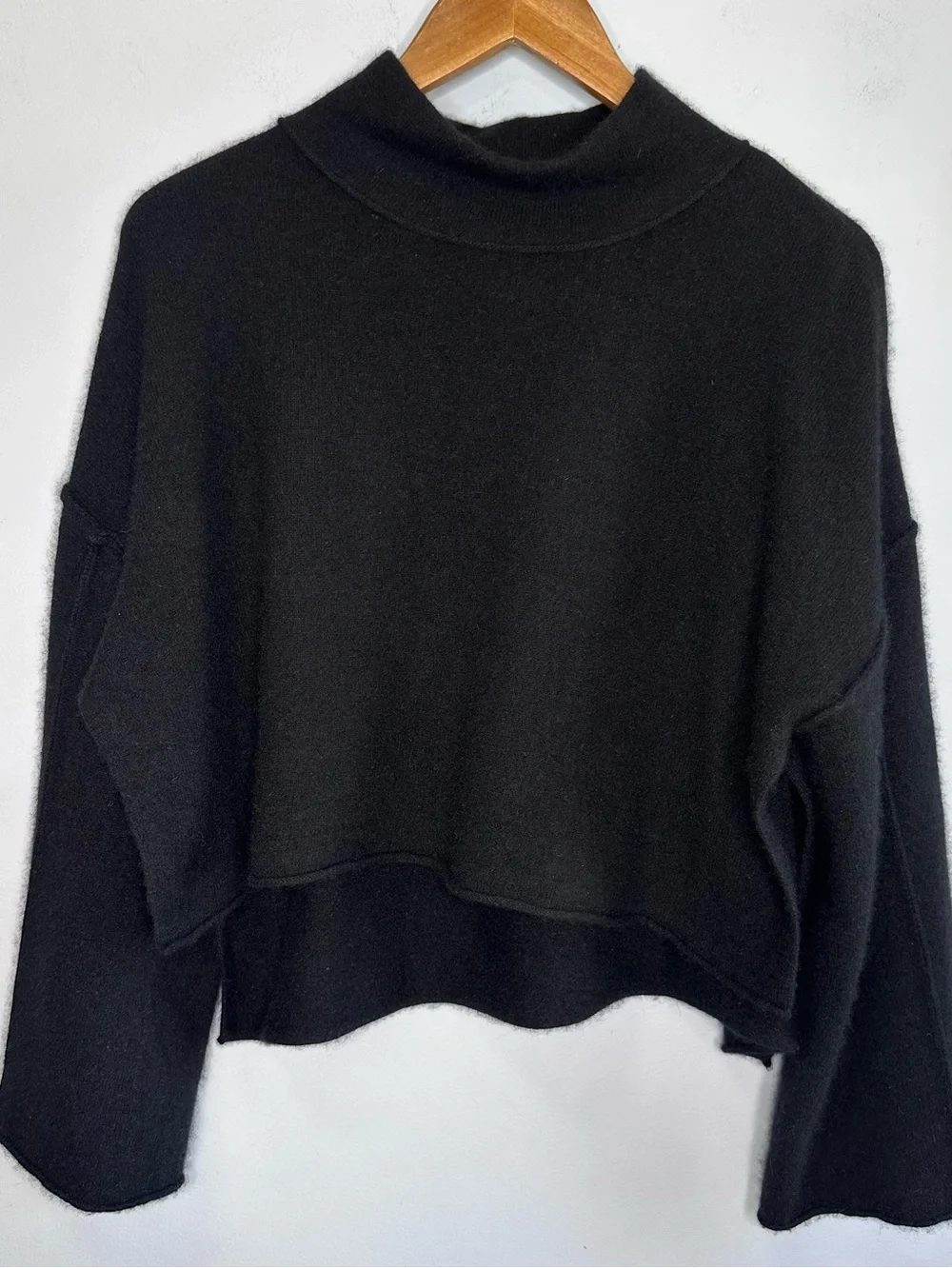 Free People Black 100% Cashmere Open Sides High Low Pullover Crop Boxy Sweater